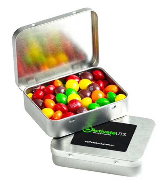 Rectangle Hinge Tin filled with Skittles 65g